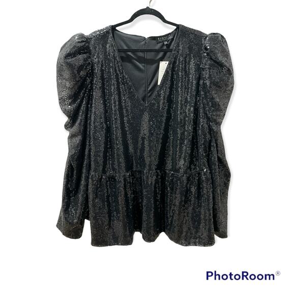 ELOQUII Black Sequin Peplum Long Sleeve Top Size 28 - Picture 1 of 6
